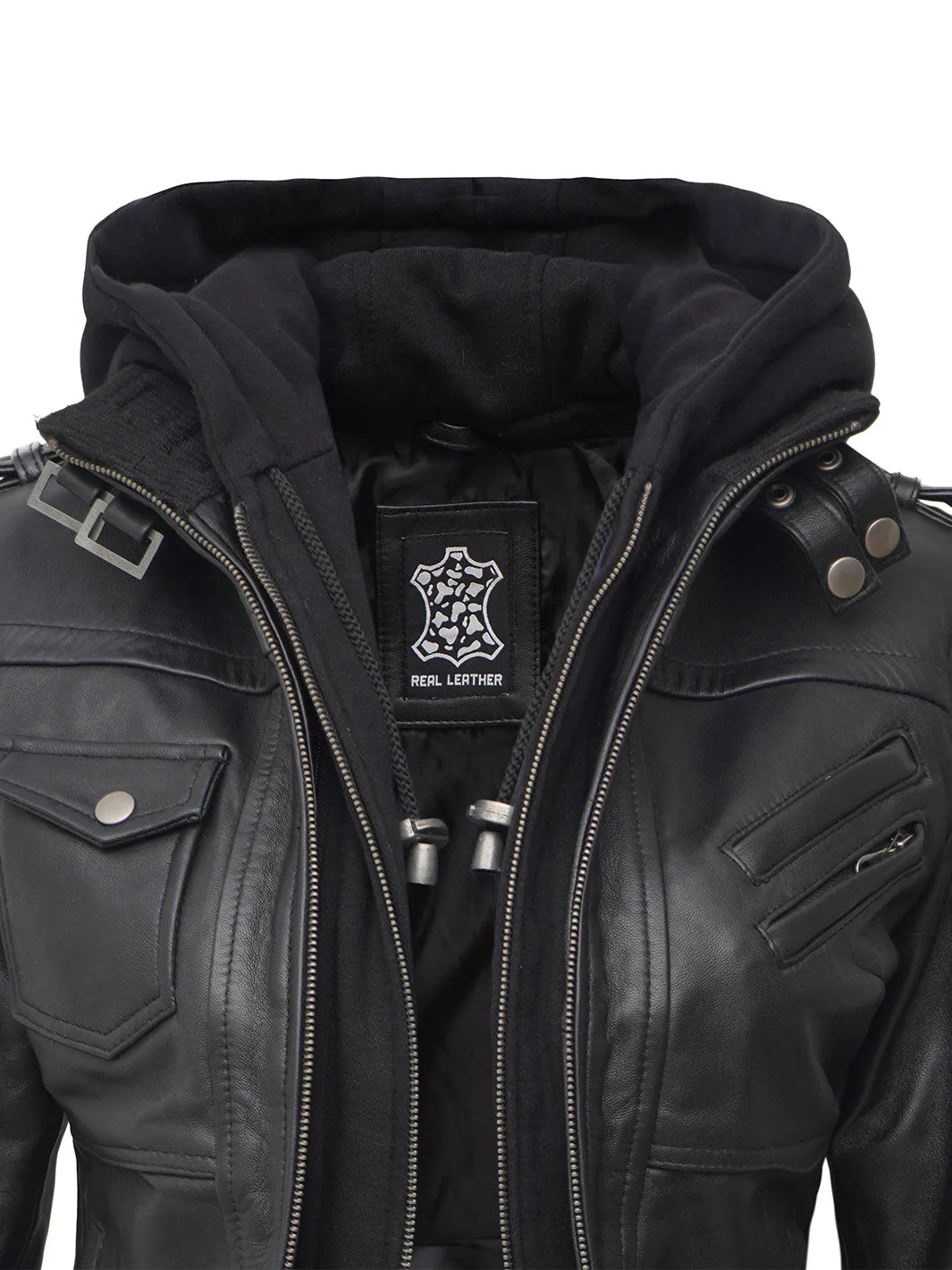 Edinburgh Tall Womens Black Hooded Leather Jacket